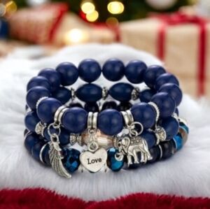 Blue Beaded Elephant Charm Bracelet Set